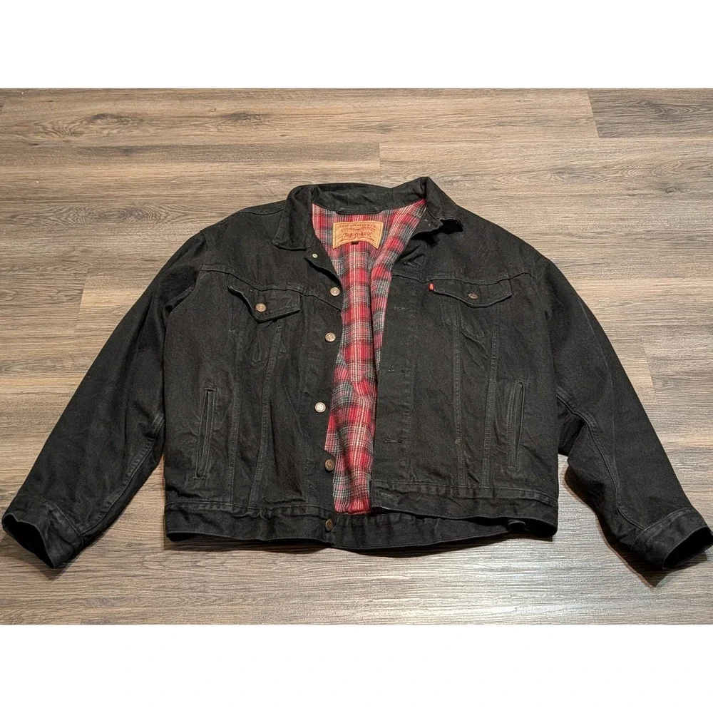 Levis 70699-4159 Black Trucker Jacket Plaid Flannel Lined Large 90s USA Made - Picture 2 of 9
